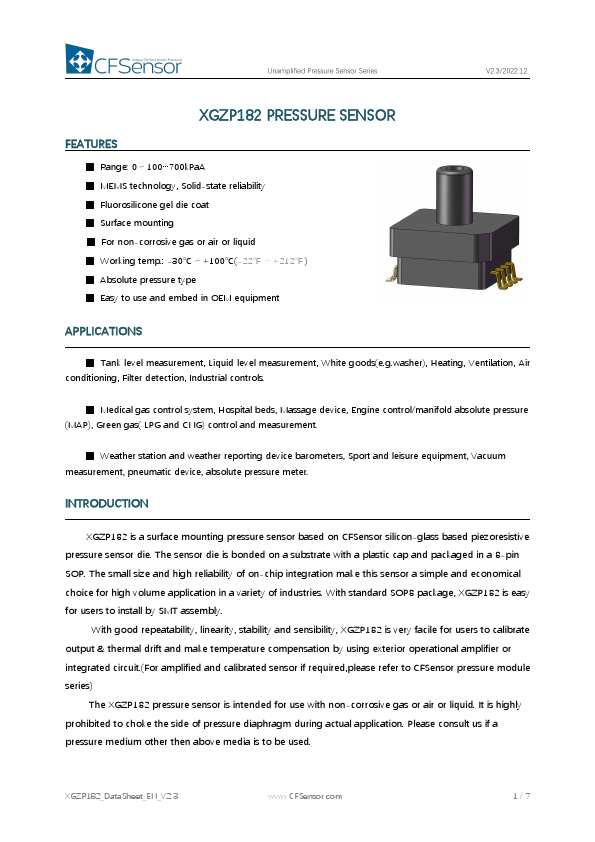 XGZP182 Unamplified Pressure Sensor by CFSensor - Datasheet Preview