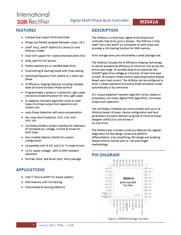 IR3541A Digital Multi-Phase Buck Controller by International Rectifier - Datasheet Preview
