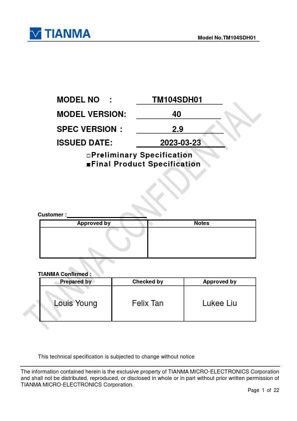 TM104SDH01 Datasheet Preview