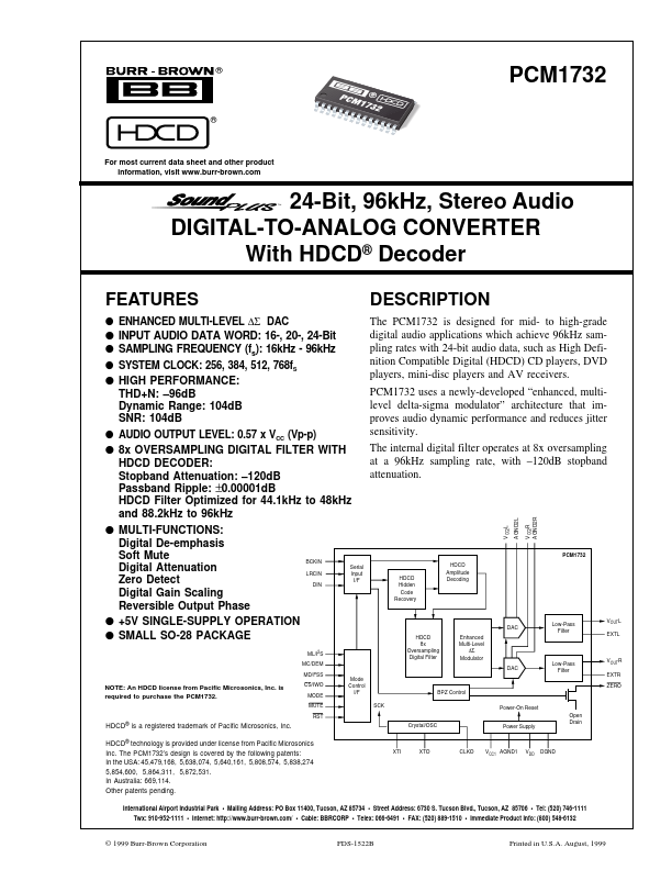 PCM1732 24-Bit Stereo Audio DIGITAL-TO-ANALOG CONVERTER by Burr-Brown - Datasheet Preview