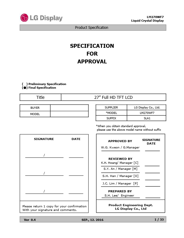 LM270WF7-SLA1 Datasheet Preview