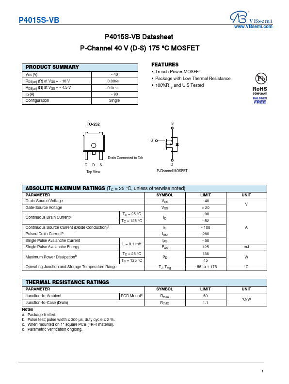 P4015S P-Channel 40V MOSFET by VBsemi - Datasheet Preview