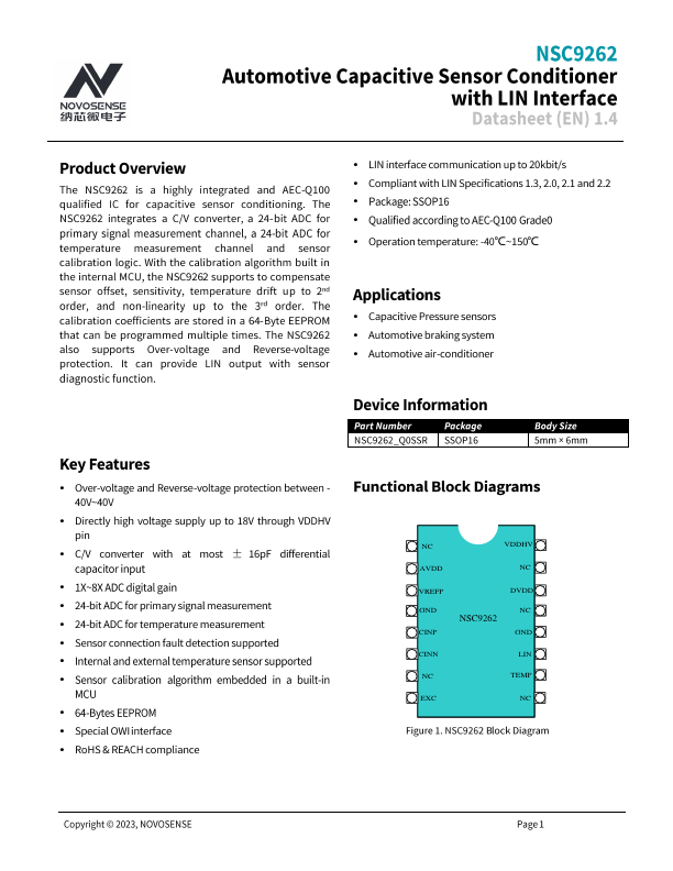 NSC9262 Automotive Capacitive Sensor Conditioner by NOVOSENSE - Datasheet Preview