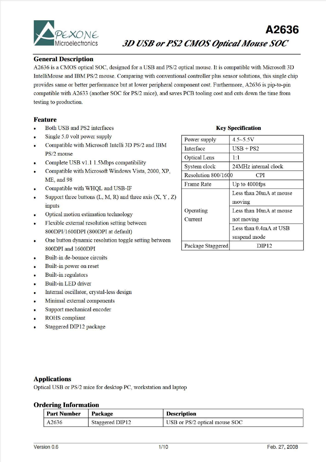 A2636 3D USB or PS2 CMOS Optical Mouse SOC by APEXONE - Datasheet Preview