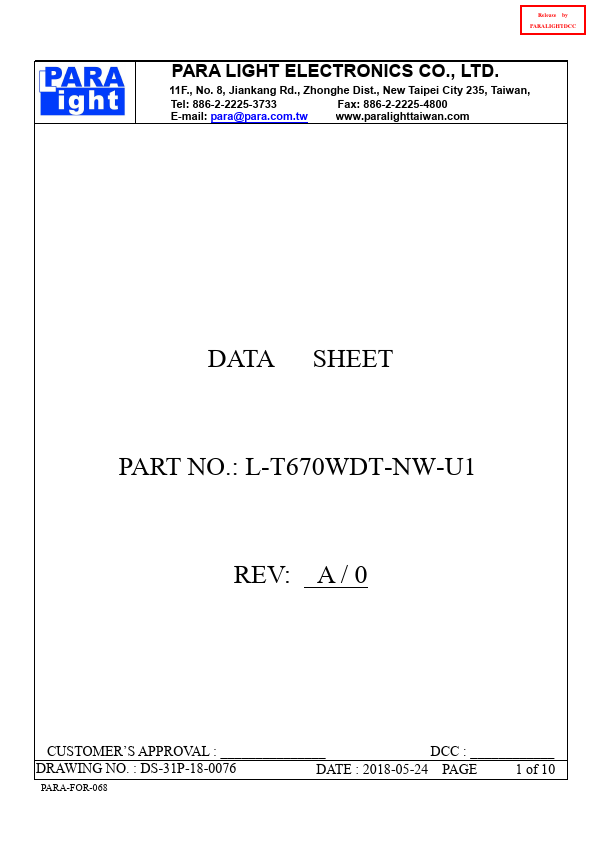 L-T670WDT-NW-U1 SURFACE MOUNT DEVICE LED by PARA LIGHT - Datasheet Preview
