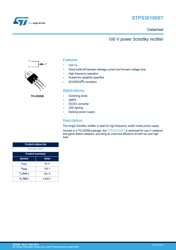 STPS30100ST Datasheet Preview