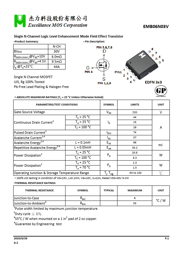 EMB06N03V N-Channel Logic Level Enhancement Mode Field Effect Transistor by Excelliance MOS - Datasheet Preview