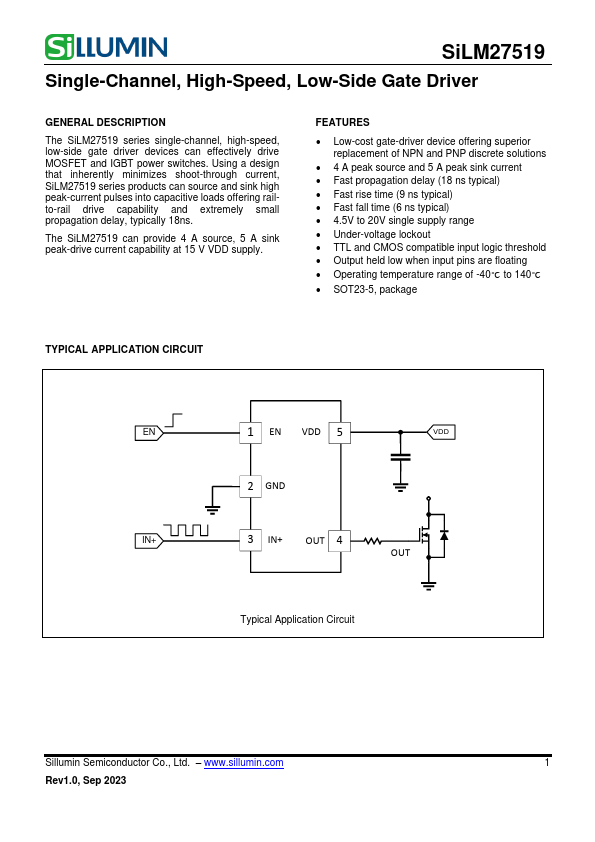 SiLM27519 Single-Channel High-Speed Low-Side Gate Driver by Sillumin - Datasheet Preview