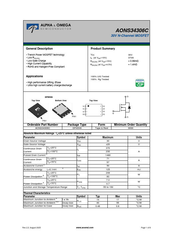 AONS34306C 30V N-Channel MOSFET by Alpha & Omega Semiconductors - Datasheet Preview