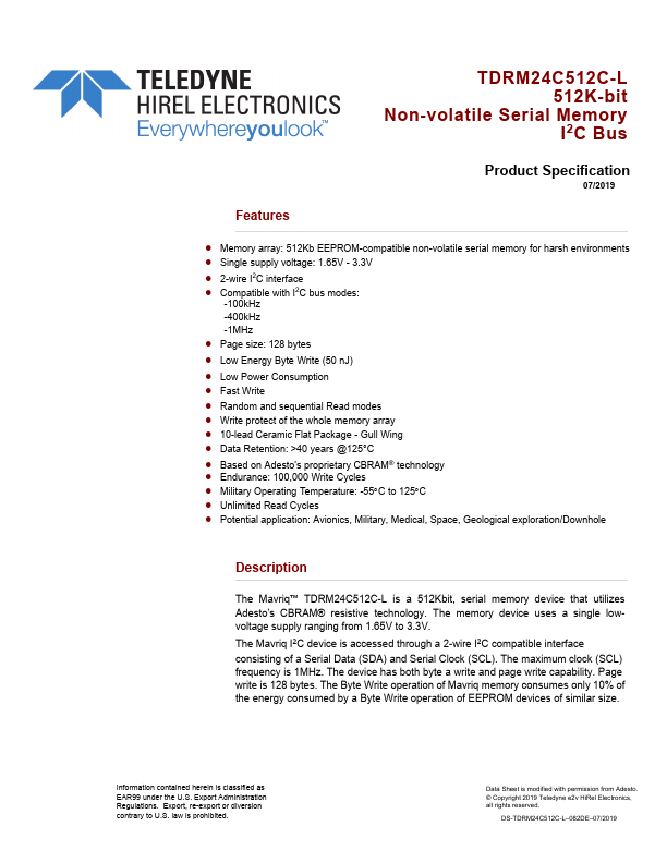 TDRM24C512C-L 512K-bit Non-volatile Serial Memory by Teledyne - Datasheet Preview
