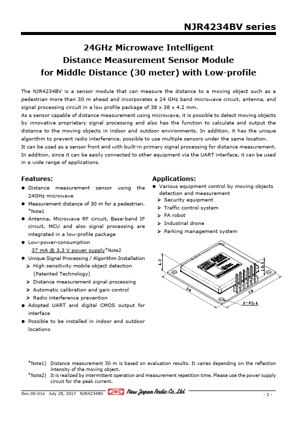 NJR4234BV 24GHz Microwave Intelligent Distance Measurement Sensor Module by New Japan Radio - Datasheet Preview