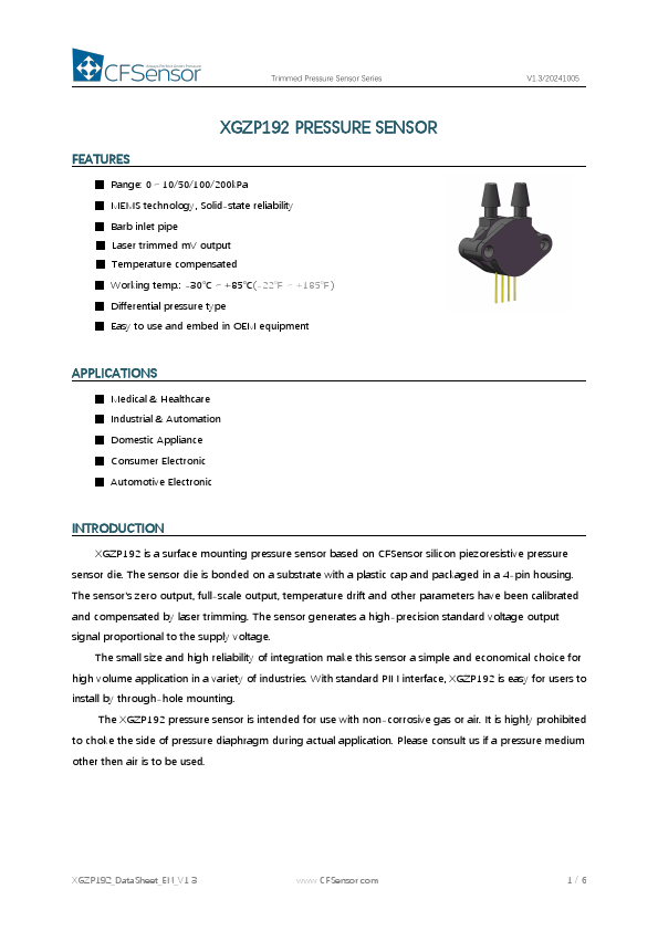 XGZP192 Trimmed Pressure Sensor by CFSensor - Datasheet Preview