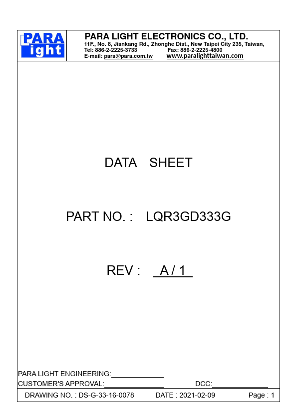 LQR3GD333G DIA FLANGLESS LED LAMP by PARA LIGHT - Datasheet Preview