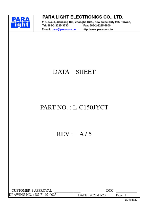 L-C150JYCT SURFACE MOUNT DEVICE LED by PARA LIGHT - Datasheet Preview