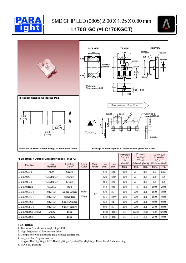L-C170KYCT SMD CHIP LED by PARA LIGHT - Datasheet Preview