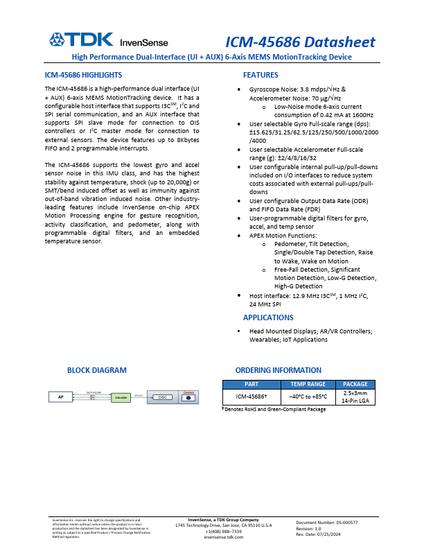 ICM-45686 High Performance Dual-Interface 6-Axis MEMS MotionTracking Device by TDK - Datasheet Preview