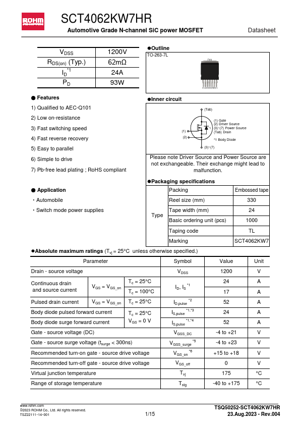 SCT4062KW7HR Automotive Grade N-channel SiC power MOSFET by ROHM - Datasheet Preview