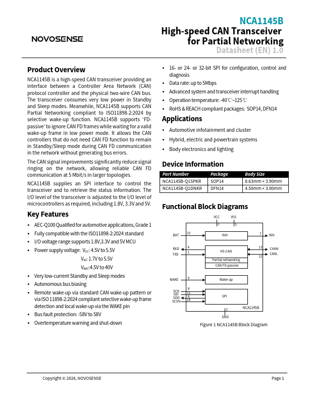 NCA1145B High-speed CAN Transceiver by NOVOSENSE - Datasheet Preview