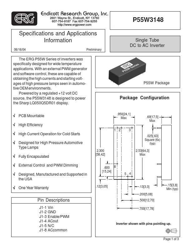 P55W3148 Single Tube DC to AC Inverter by ERG - Datasheet Preview