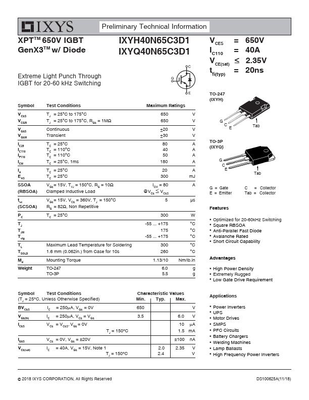 IXYH40N65C3D1 Datasheet Preview