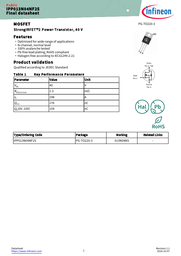 IPP013N04NF2S Datasheet Preview