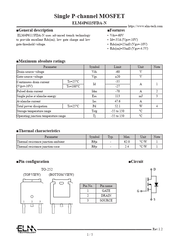ELM4P6115FDA-N Single P-channel MOSFET by ELM - Datasheet Preview