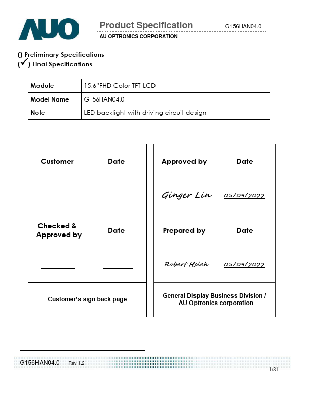 G156HAN04.0 Datasheet Preview
