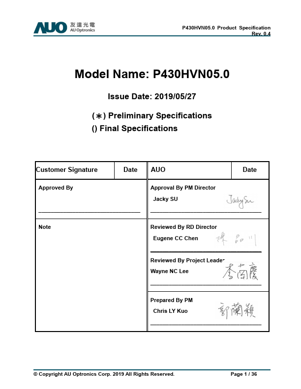 P430HVN05.0 Datasheet Preview