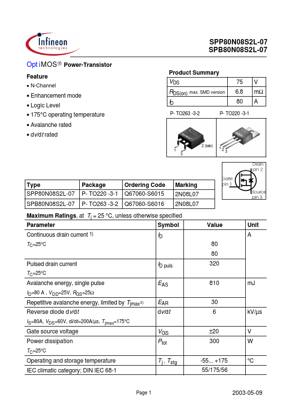 SPB80N08S2L-07 Datasheet Preview