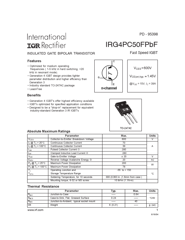 IRG4PC50FPBF Datasheet Preview
