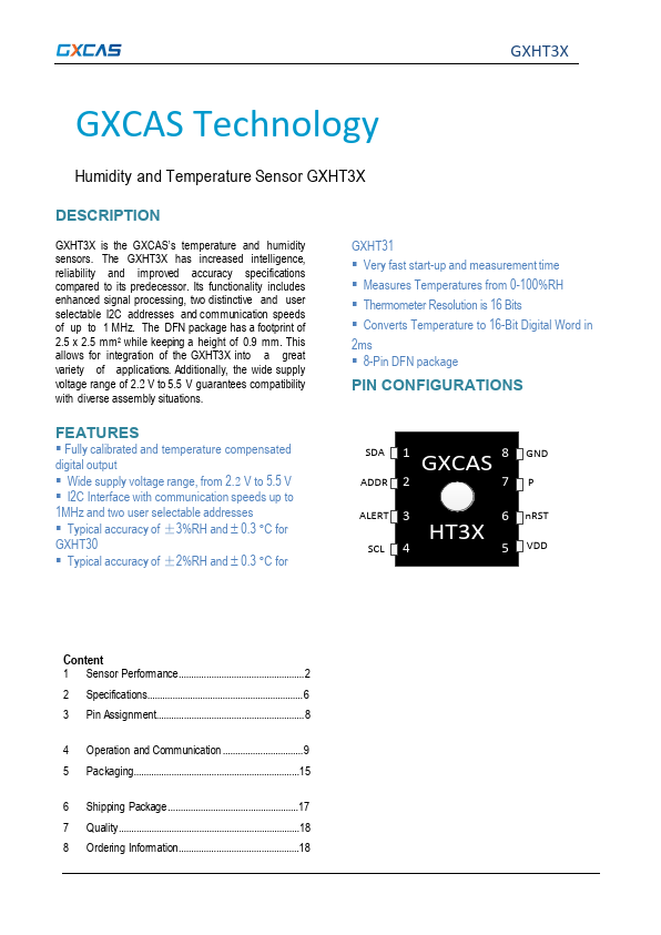 GXHT30 Humidity and Temperature Sensor by CXCAS - Datasheet Preview