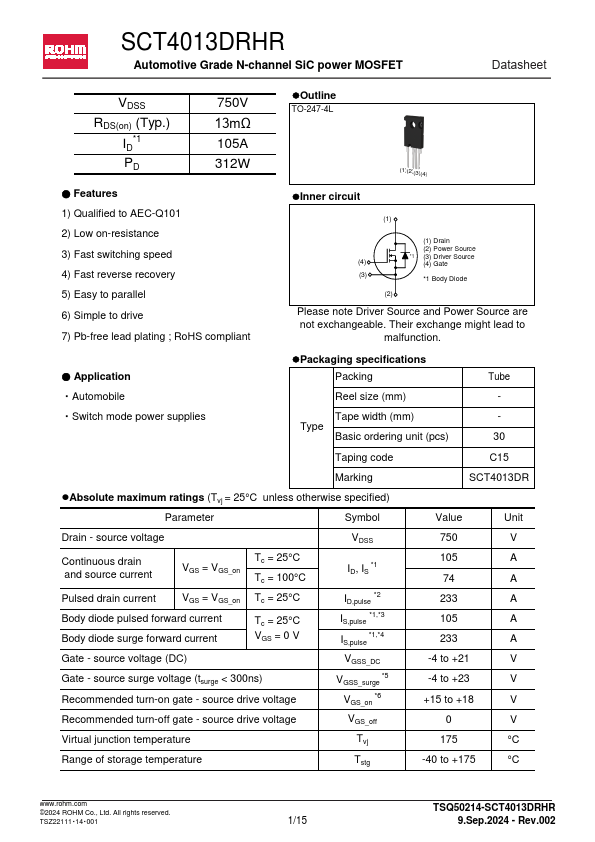 SCT4013DRHR Automotive Grade N-channel SiC power MOSFET by ROHM - Datasheet Preview