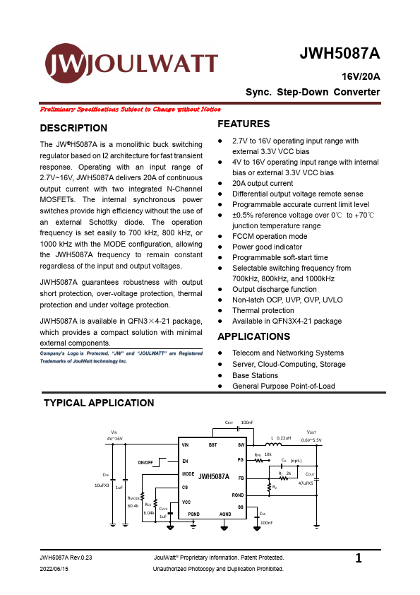 JWH5087A 16V/20A Sync. Step-Down Converter by JoulWatt - Datasheet Preview