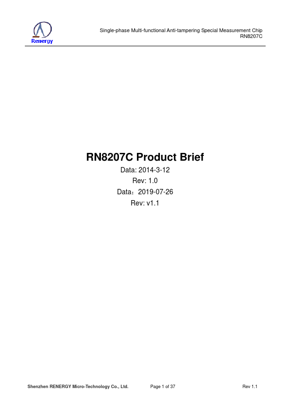 RN8207C Single-phase Multi-functional Anti-tampering Special Measurement Chip (Product Brief) by Renergy - Datasheet Preview