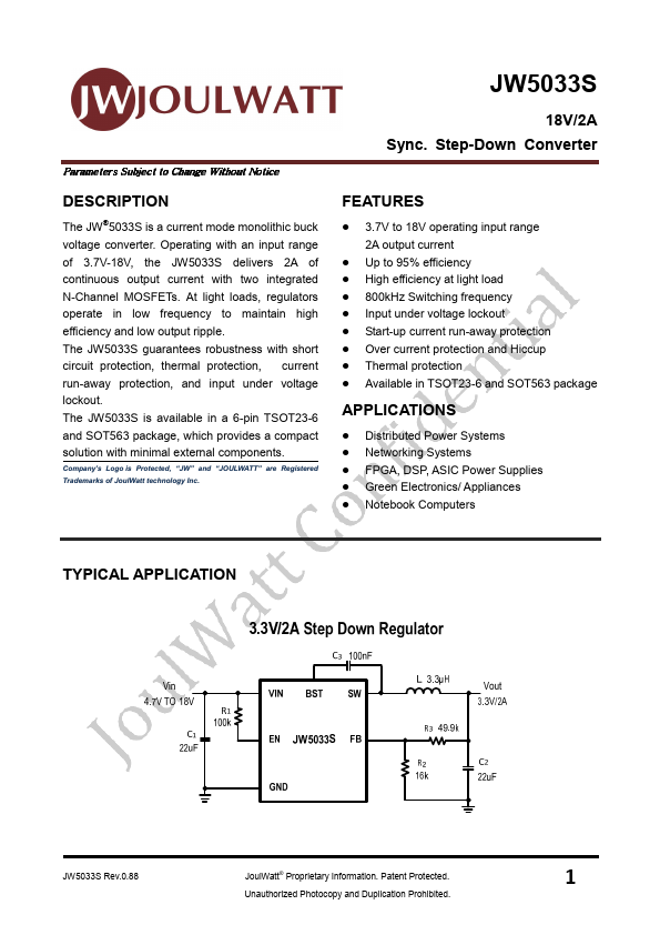 JW5033S 18V/2A Sync. Step-Down Converter by JoulWatt - Datasheet Preview