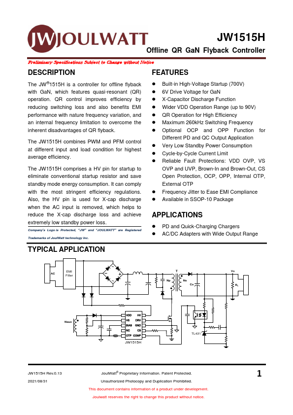 JW1515H Offline QR GaN Flyback Controller by JoulWatt - Datasheet Preview