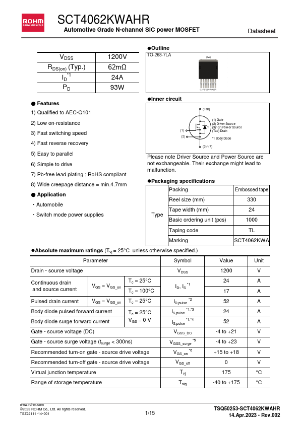 SCT4062KWAHR Automotive Grade N-channel SiC power MOSFET by ROHM - Datasheet Preview