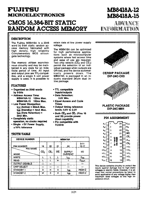 MB8418A-15 CMOS STATIC RANDOM ACCESS MEMORY by Fujitsu - Datasheet Preview