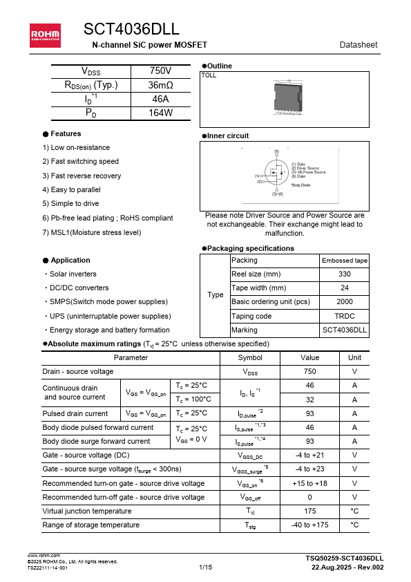 SCT4036DLL N-channel SiC power MOSFET by ROHM - Datasheet Preview