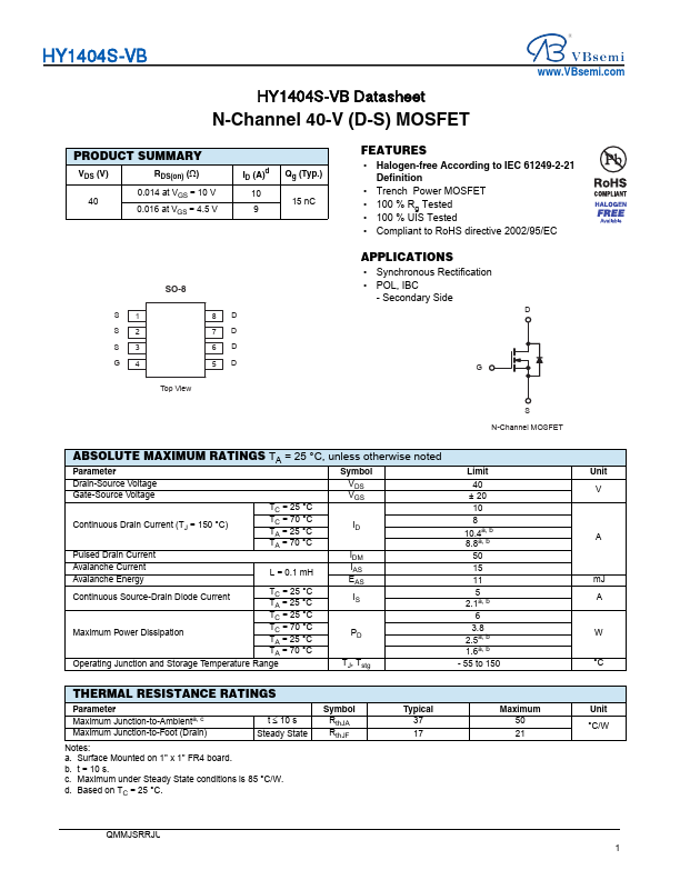 HY1404S N-Channel 40V MOSFET by VBsemi - Datasheet Preview