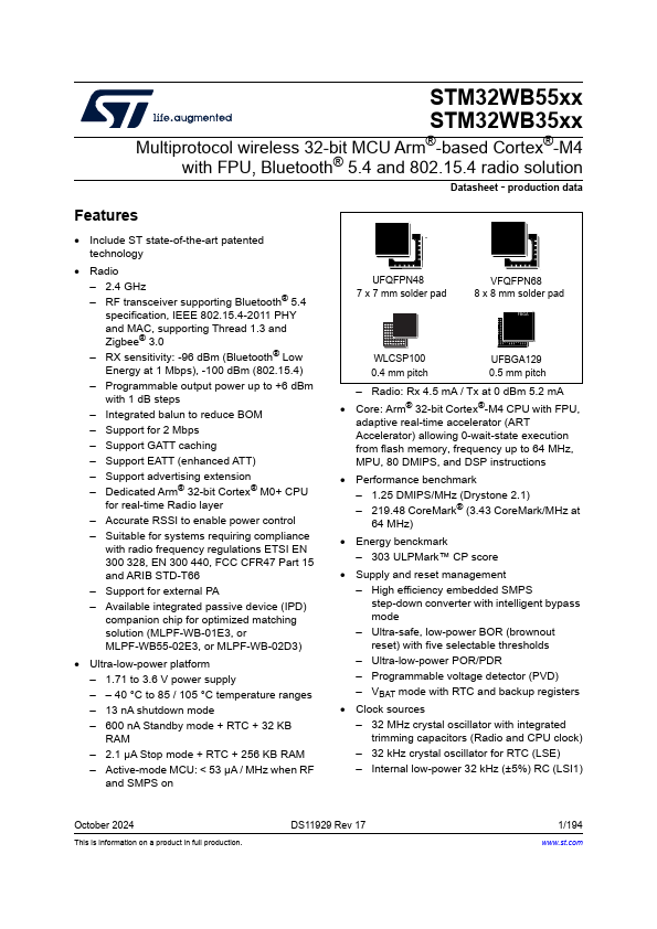STM32WB55VE Multiprotocol wireless 32-bit MCU by STMicroelectronics - Datasheet Preview
