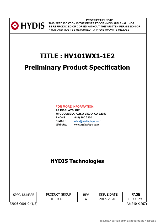 HV101WX1-1E2 Datasheet Preview