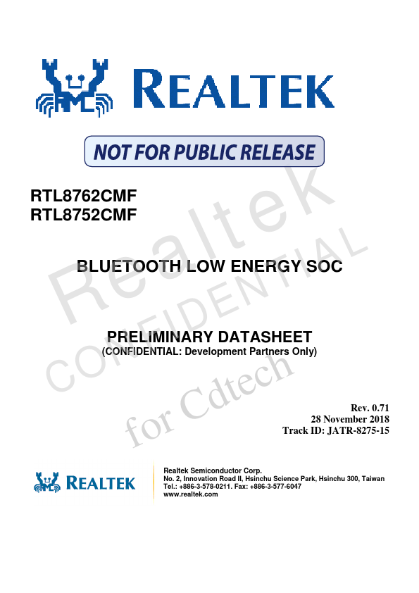 RTL8762CMF BLUETOOTH LOW ENERGY SOC by Realtek - Datasheet Preview