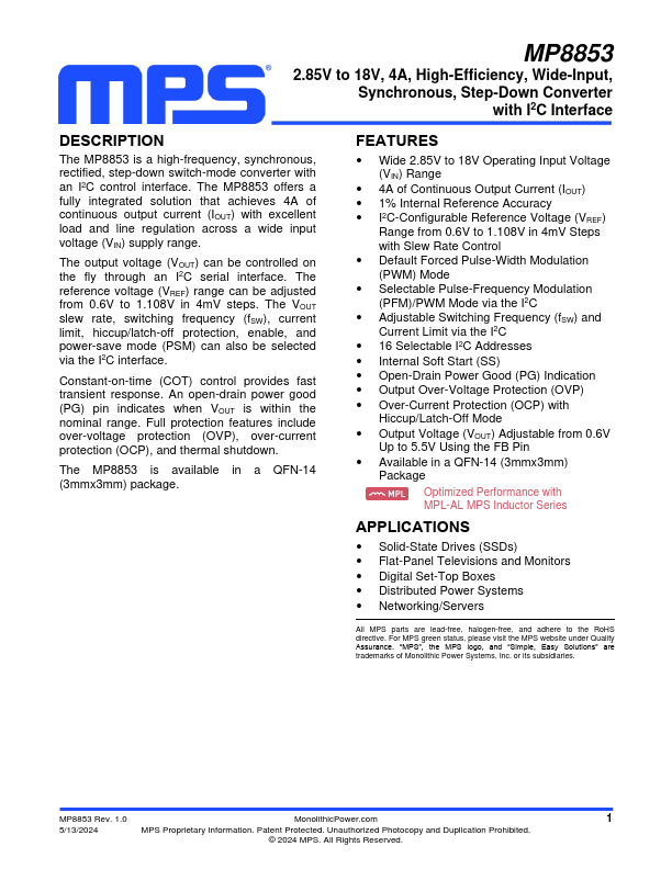 MP8853 4A Step-Down Converter by MPS - Datasheet Preview