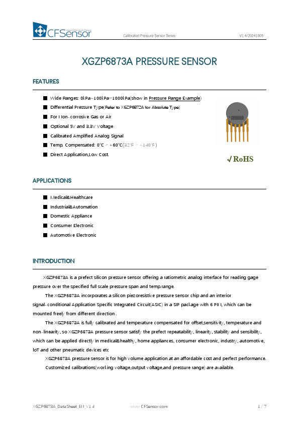 XGZP6873A Calibrated Pressure Sensor by CFSensor - Datasheet Preview