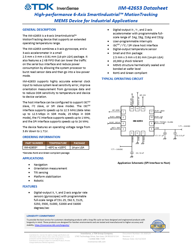 IIM-42653 High-performance 6-Axis MotionTracking MEMS Device by TDK - Datasheet Preview