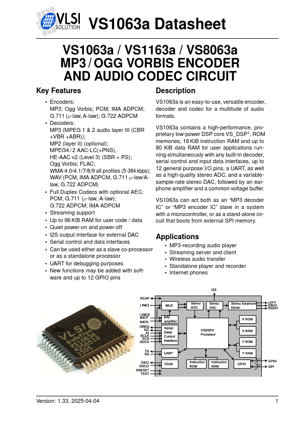 VS1063a MP3 / OGG VORBIS ENCODER AND AUDIO CODEC CIRCUIT by VLSI - Datasheet Preview