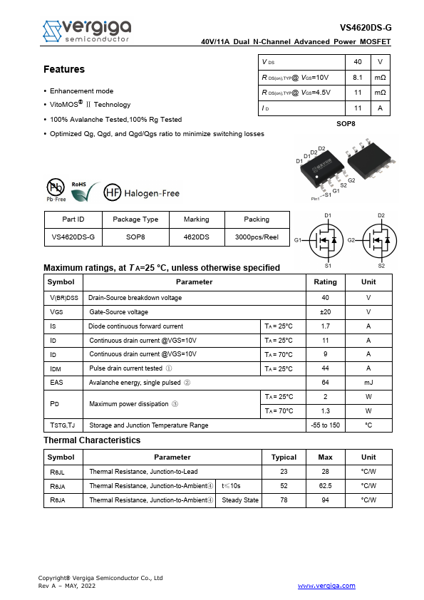 VS4620DS-G 40V/11A Dual N-Channel Advanced Power MOSFET by Vergiga - Datasheet Preview