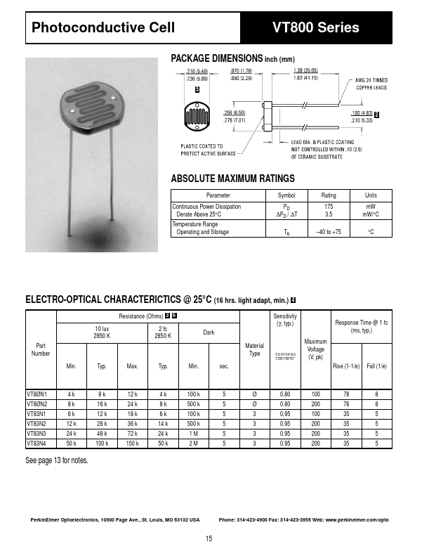 VT83N4 Photoconductive Cell by PerkinElmer Optoelectronics - Datasheet Preview