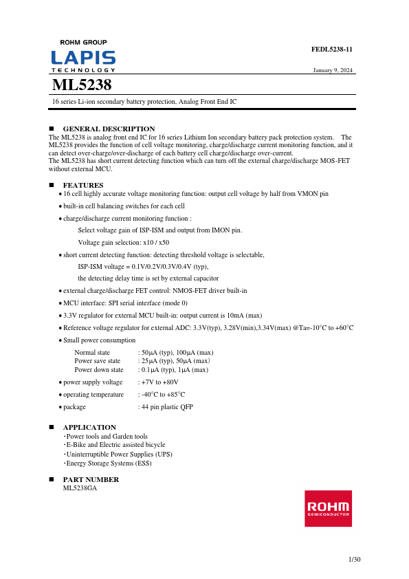 ML5238 Li-ion secondary battery protection / Analog Front End IC by LAPIS - Datasheet Preview